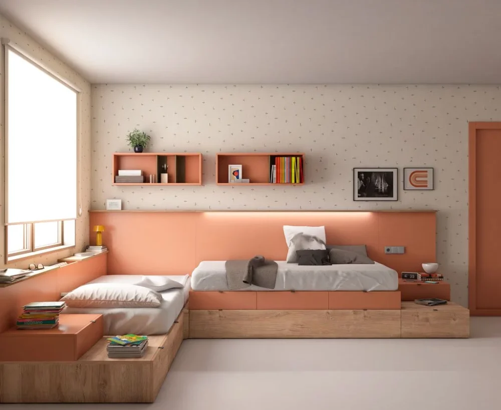 Dormitorio con dos camas en L